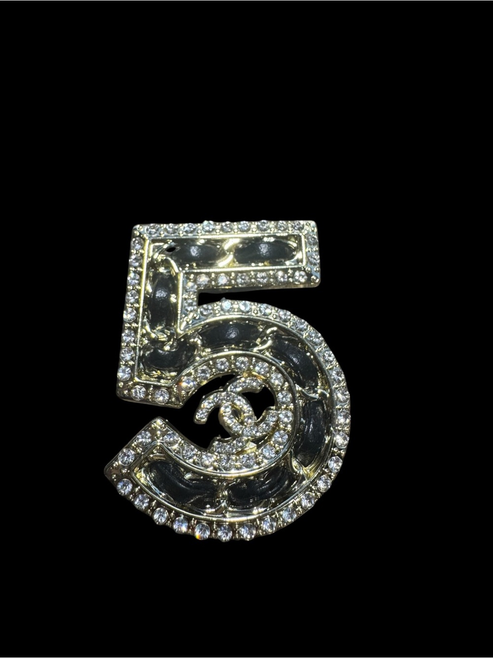 Crystal-Embellished Number 5 Brooch Pin in Gold